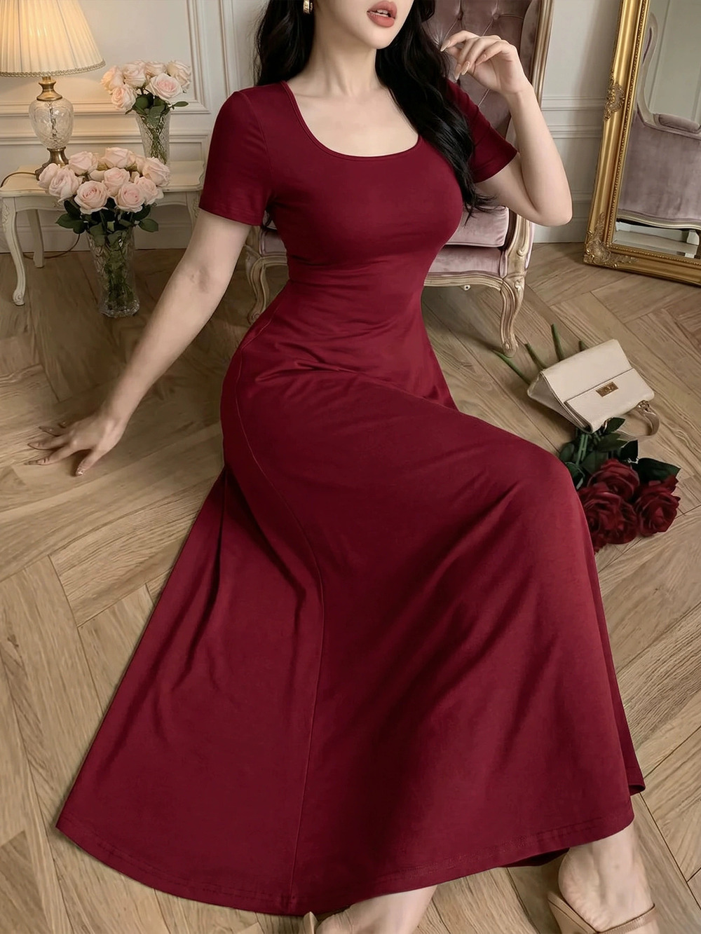 Zara Autumn Square Neck Waist Tie Slim Dress